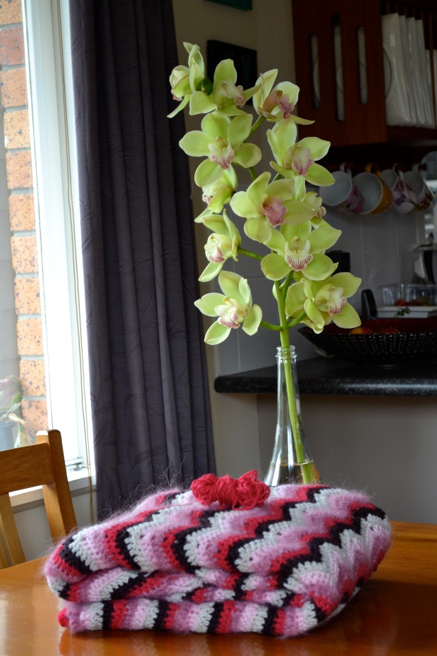 Crochet Ripple blanket and orchids